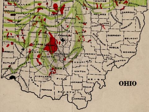 Ohio map with moraines in green (detail). Paul Bigelow Sears Papers.