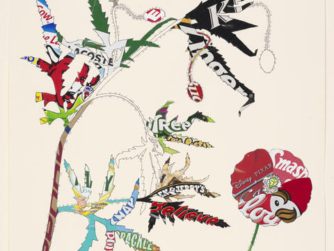 Tracey Bush, Herbarium sheet for Nine Wild Plants: Common Poppy, 2006, hand-cut paper packaging collage with pen and ink, Yale Center for British Art, Friends of British Art Fund