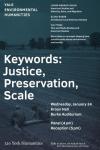 Keywords: "Justice," "Preservation," "Scale" event poster